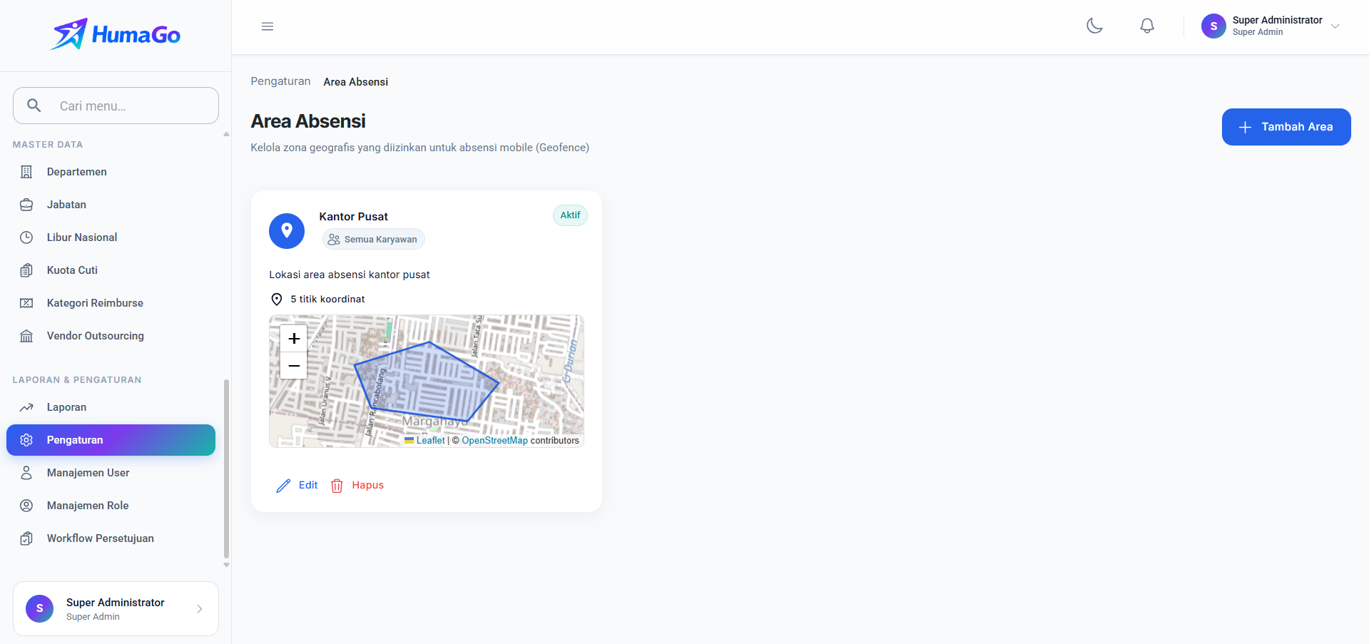 Pengaturan area absensi geofence HumaGo